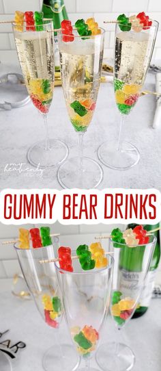 gummy bear drinks in wine glasses on a table with the words gummy bear drinks