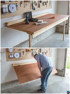 a man is working on a workbench in his garage and then he's trying to fix it