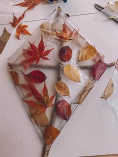 a glass plate with leaves on it sitting on a table next to scissors and other items