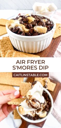 a bowl filled with chocolate and marshmallows next to crackers