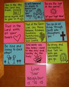 colorful post it notes with words written on them and some writing on the back of each note