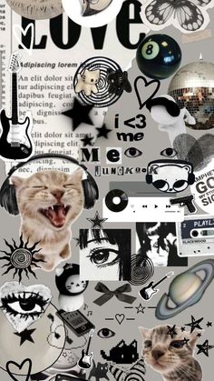 a collage of images with cats and other things in the background, including an eyeball