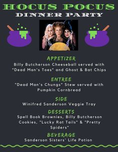 Hocus Pocus Dinner Party Menu featuring Billy Butcherson Cheeseball with Dead Man's Toes and Ghost and Bat Chips, "Dead Man's Chungs" Stew served with Pumpkin Cornbread, Winifred Sanderson Veggie Tray, Spell Book Brownies, Billy Butcherson Cookies, "Lucky Rat Tails" and "Pretty Spiders" and Sanderson Sisters' Life Potion Hocus Pocus Veggie Tray, Hocus Pocus Dinner Party, Viewing Party Food, Hocus Pocus Viewing Party, Hocus Pocus Dinner, Hocus Pocus Themed Party, Hocus Pocus Party Food, Themes Dinner Nights