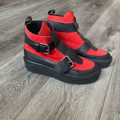 New Free People Collection Cortina Red And Black Platform Ankle Boots | Size 37 Rugged Rubber Sole Size 37 Eu- Equivalent To Size 6.5 Us Leather And Suede Uppers Adjustable Buckle Belt Straps Heel Height 1 5/8” Color- Red And Black Retail- $244 New, Never Worn Rare Free People Boot. Ready To Ship. Offers Always Welcome! Red Ankle Platform Boots, Fall Leather Low-top Platform Boots, Fall Low-top Leather Platform Boots, Trendy Red High-top Platform Boots, Casual High-top Platform Boots With Buckle, Casual Red Platform Boots For Fall, Trendy Ankle Boots With Red Sole, Trendy Platform Boots With Red Sole And Round Toe, Trendy Red Platform Boots With Round Toe