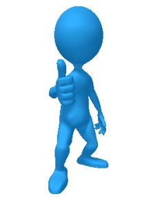 a blue cartoon character giving the thumbs up sign with both hands and holding his thumb up