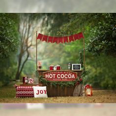 a hot cocoa stand in the middle of a forest