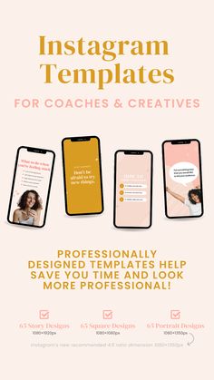 the instagram templates for coaches and creatives are displayed in this advert