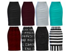 six different colored pencil skirts on a white background