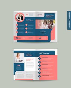 two sided business brochure template with blue and pink accents on the front and back