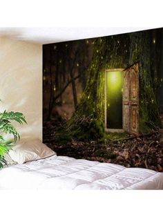 a bed room with a large wall tapestry