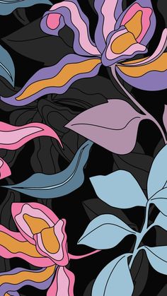 an abstract floral pattern with leaves and flowers on a black background in shades of pink, blue, yellow and purple