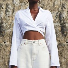 White L/S Crop Top From Motel. V-Neck, Lapel Collar. Tie Around Waist. 100% Cotton. Nwt. Size Xxs. Chic Low-cut Crop Top For Spring, Trendy Low-cut Spring Tops, Trendy Low-cut Top For Spring, Trendy Low-cut Tops For Spring, Chic White V-neck Crop Top, Trendy Low-cut Crop Top For Spring, Chic Low-cut Summer Top, White V-neck Top For Night Out, White Fitted Low-cut Top