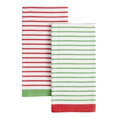 two red and green striped towels sitting next to each other