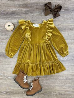 Gold Long Sleeve Dress For Winter, Gold Long Sleeve Winter Dress, Spring Long Sleeve Velvet Dress, Spring Velvet Long Sleeve Dress, Ohio Girls, Girls Ruffle Dress, Girls Special Occasion Dresses, Winter Baby Clothes, Girls Holiday Dresses