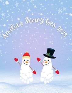 two snowmen wearing hats and holding ski poles