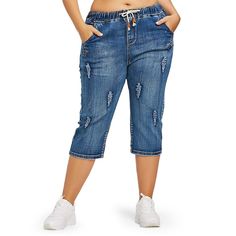 Drawstring Waist Plus Size Ripped Cropped Jeans - Denim Blue - 3769714912 - Original Design-Women's Clothing, Bottoms  #Bottoms #Original #DesignWomen's #Clothing # #Bottoms Ripped Denim Pants, Viking Clothing, Destroyed Denim, Curvy Jeans, Women's Casual Style, Ripped Denim, Plus Size Jeans, Street Chic, Womens Midi Dresses