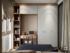 a bedroom with a bed, desk and bookcases in the corner next to a window