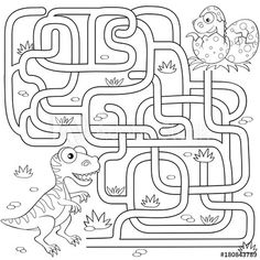 a dinosaur maze for kids to find the right way and color it with an animal