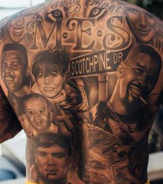 the back of a man's body with tattoos on it and images of people