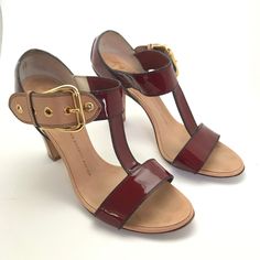 --Authentic Giuseppe Zanotti Open Heels --Made In Italy --Color: Gorgeous Burgundy Red And Tan Color With Gold Buckle --Size 40 - I Believe This Is A Size 9 In The Us But You Can Google That Yourself. Could Be Off By A Half Size. --Excellent Condition With Minimal Wear --No Box Chic Burgundy Formal Sandals, Brown High Heel Shoes With Red Sole, Brown High Heels With Red Sole, Brown High Heel Heels With Red Sole, Designer Brown Heels With Red Sole, Red Sandals With 4-inch Heel And Round Toe, Red Heels With 4-inch Open Heel, Red Open Toe Heels With 4-inch Heel, Giuseppe Zanotti Vintage