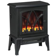 a black stove with flames in the front and side panels on it's sides