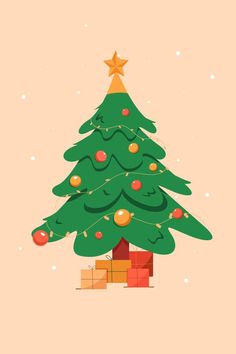 a christmas tree with presents under it and a star on top, in front of an orange background