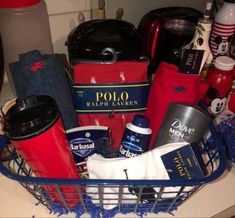 a basket filled with lots of items on top of a counter