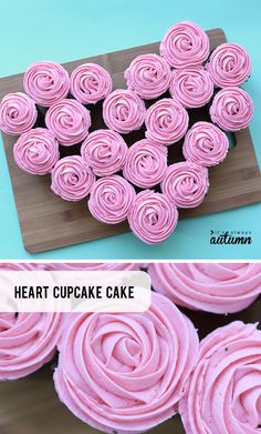 cupcakes with pink icing are arranged in the shape of a heart