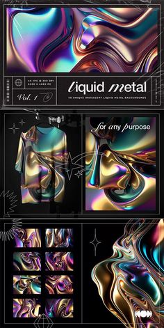 an abstract background with different colors and shapes, including the words liquid metal on it