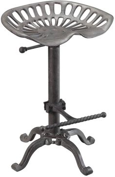 a metal stool with wheels and an adjustable foot rest on it's backrest