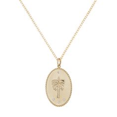 Symbolizing: G R O U N D I N G Sprouting tropical leaves and sweet fruits from the depths of the ancient desert, the Date Palm embodies the abundant shelter and nourishment the earth can provide if we listen. With its grace and elegance, the Date Palm has been minted on timeless coins across cultures as a symbol of eternal life Nature-inspired Oval Engraved Necklaces, Nature-inspired Oval Engraved Necklace, Nature-inspired Engraved Oval Pendant Necklaces, Nature-inspired Engraved Oval Pendant Necklace, Date Palm, Eternal Life, Tropical Leaves, 10k Gold, Halo Diamond