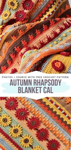 an autumn crochet blanket with the text, photos source with free crochet patterns