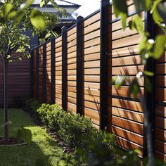 a wooden fence is next to a small tree and shrubbery in the foreground