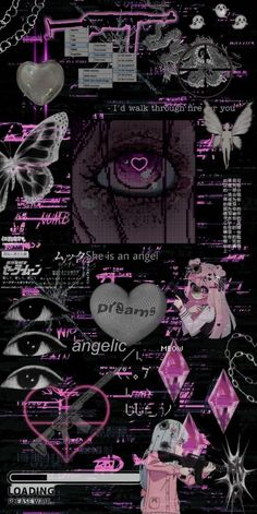 the back side of a computer screen with pink and black designs on it, including hearts,