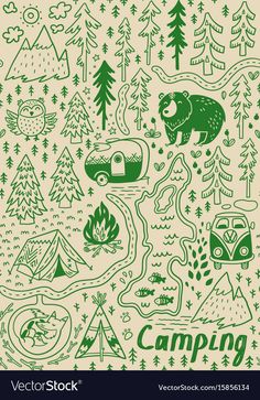 the camping map with trees, campers and cars in green ink on beige paper