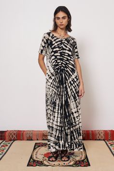 Black and Dirty White Bantu Maxi Dress RA-DRESS SPRING1'24 Dirty White, Tie Dye Maxi Dresses, Raquel Allegra, Floor Length Skirt, Tie Dye Maxi, Tee Shirt Dress, Shirt Dress Style, Flowing Skirt, Straight Leg Denim