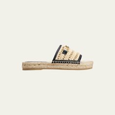 Tod's woven raffia espadrille sandals with leather trim and metal logo strap accent Flat braided-jute heel Open toe Slide style Rubber outsole Lining: Polyester Made in Italy Designer Leather Espadrilles For Vacation, Chic Straw Espadrilles With Woven Sole, Designer Espadrilles With Woven Sole For Vacation, Designer Sandals With Woven Straw Sole, Chic Woven Straw Espadrilles, Straw Espadrilles With Woven Sole And Flat Heel, Luxury Straw Sandals With Woven Sole, Designer Flat Heel Espadrilles For Beach, Luxury Espadrilles With Woven Sole For Vacation