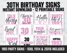 30th birthday signs with pink and black font on them, including the number thirty forty