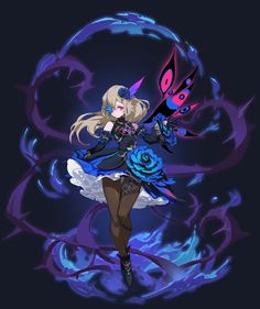 an anime character holding a blue rose in front of a dark background with purple swirls