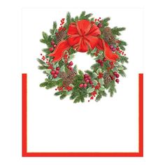 a christmas wreath with red bows and pine cones on it is framed by a red ribbon