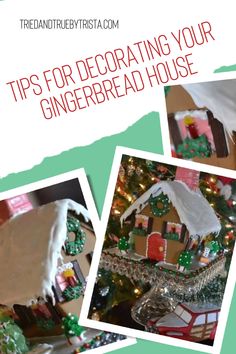 gingerbread house decorated for christmas with white icing on top and green trim around the edges