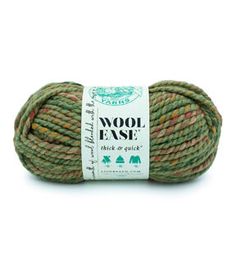 wool ease thick & quick yarn in green and brown, with white tag on top