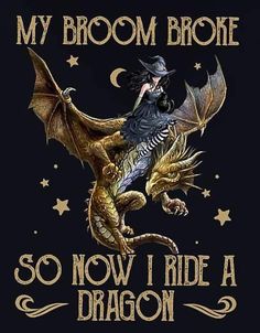 a woman riding on the back of a dragon with text that reads, my broom broke so now i ride a dragon