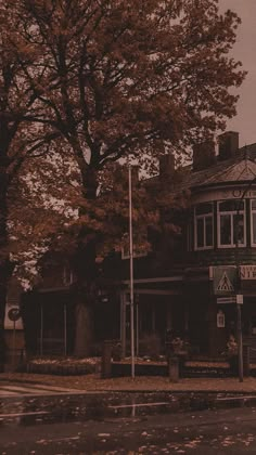 an old fashioned building on the corner of a street in front of a large tree