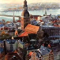 an oil painting of a cityscape with buildings and a bridge in the background