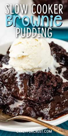 a white plate topped with brownie pudding and ice cream