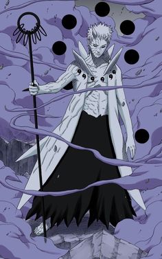 an anime character holding a staff and standing in the water