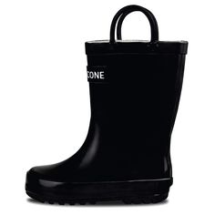 a black rain boot with the word gone written on it