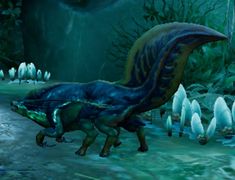 an image of a dinosaur in the middle of a forest with many white and blue creatures