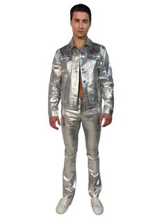 Honore Metallic Denim Jacket Color Silver Luxury Silver Men's Outerwear, Metallic Outerwear With Pockets For Fall, Casual Fitted Metallic Outerwear, Metallic Shiny Fitted Outerwear, Fitted Metallic Shiny Outerwear, Metallic Denim, Waxed Denim, Silk Texture, Metallic Jeans